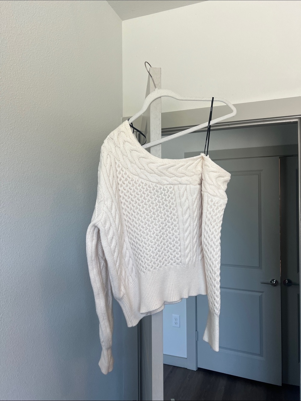 Forever 21 Cream One-Shoulder Cable Knit Sweater